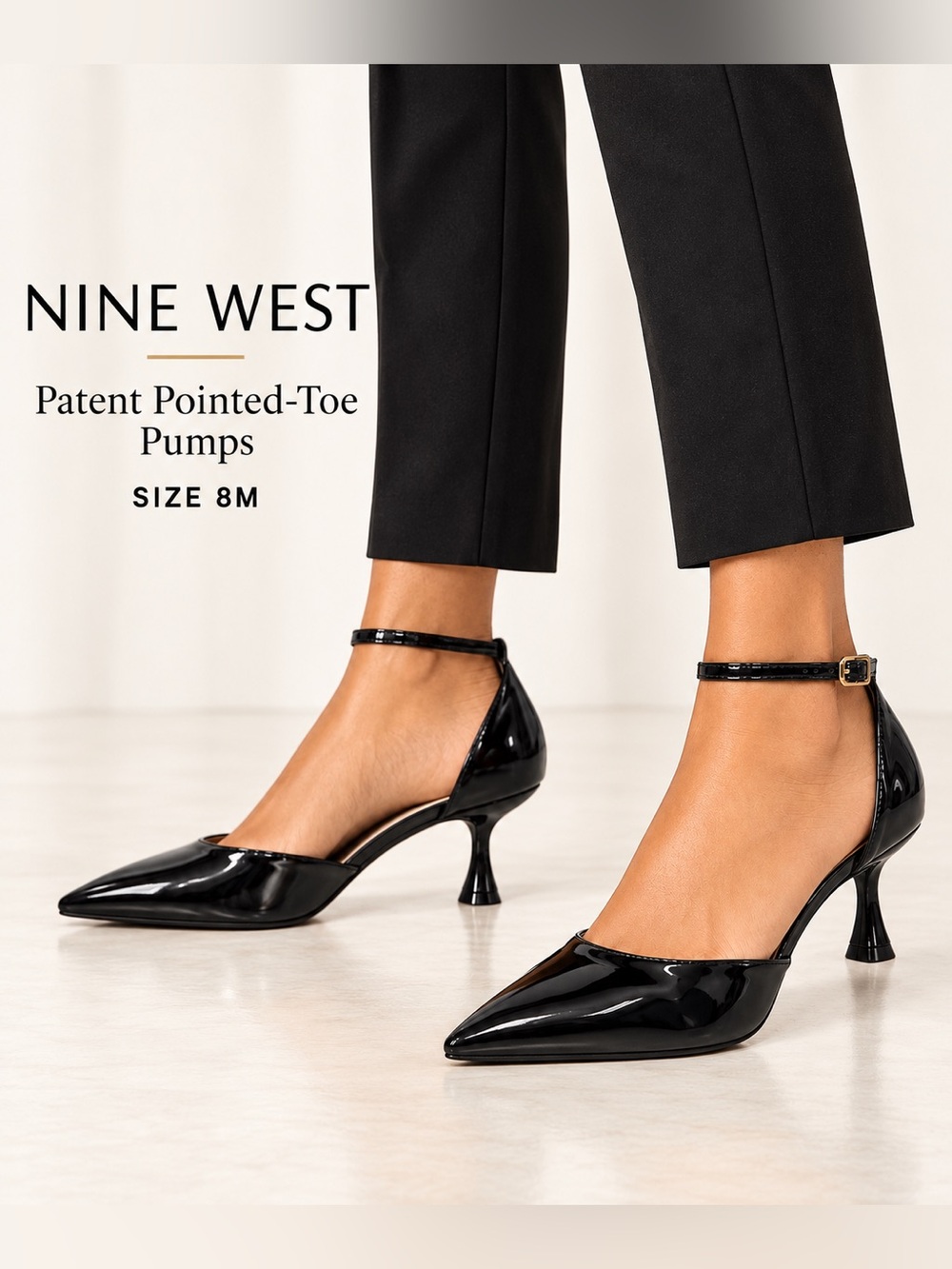 Nine West Black Patent Pointed Toe Ankle Strap Pumps 8M